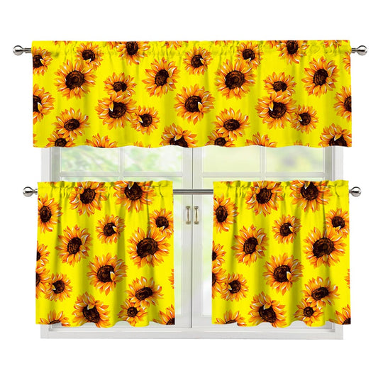 Yellow Sunflower Pattern Print 3 Piece Kitchen Curtains
