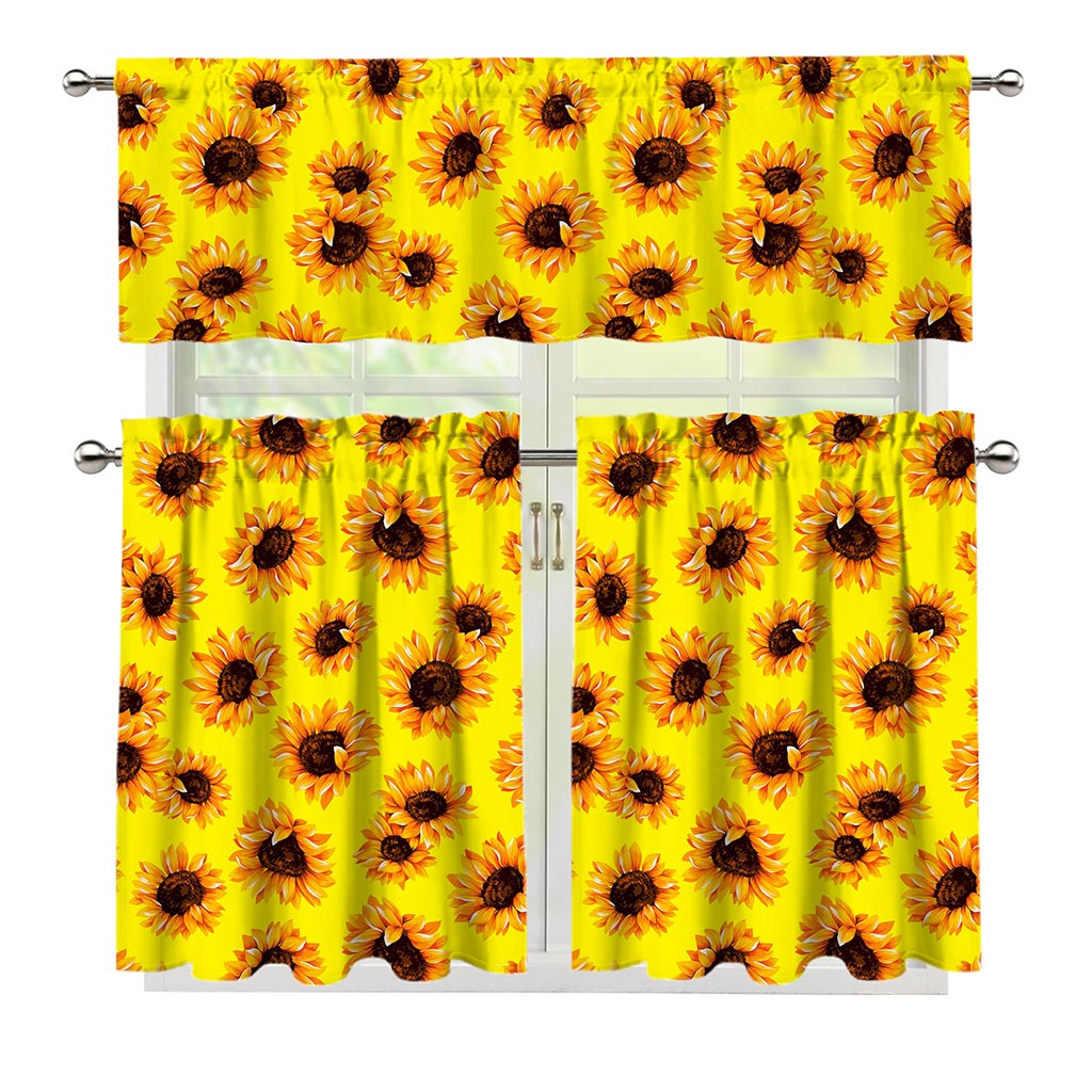 Yellow Sunflower Pattern Print 3 Piece Kitchen Curtains