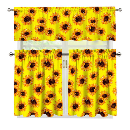 Yellow Sunflower Pattern Print 3 Piece Kitchen Curtains