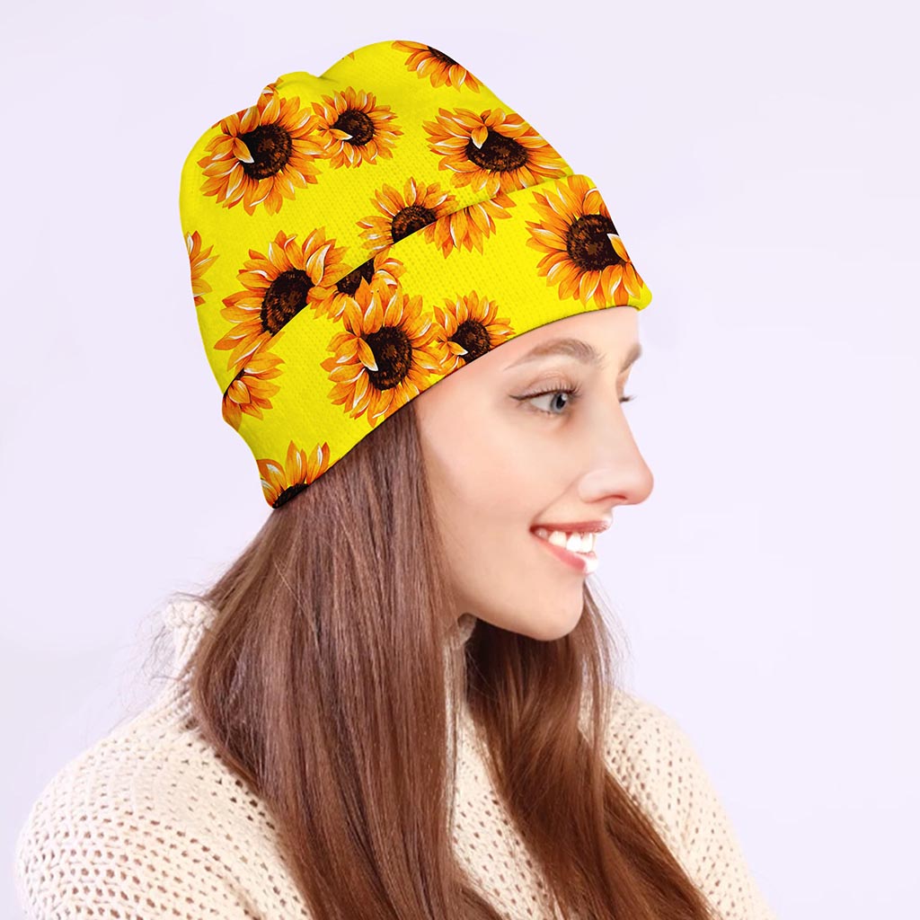 Yellow Sunflower Pattern Print Beanie