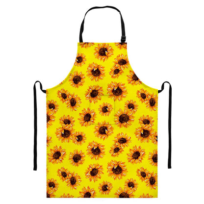 Yellow Sunflower Pattern Print Bib Apron With Pocket