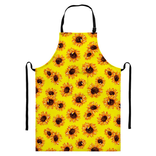 Yellow Sunflower Pattern Print Bib Apron With Pocket