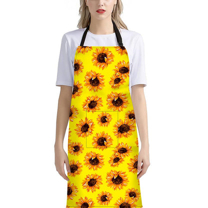 Yellow Sunflower Pattern Print Bib Apron With Pocket
