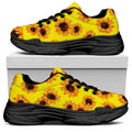 Yellow Sunflower Pattern Print Black Chunky Shoes