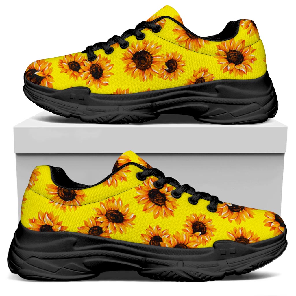 Yellow Sunflower Pattern Print Black Chunky Shoes
