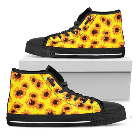 Yellow Sunflower Pattern Print Black High Top Sneakers