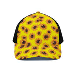 Yellow Sunflower Pattern Print Black Mesh Trucker Cap