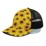 Yellow Sunflower Pattern Print Black Mesh Trucker Cap
