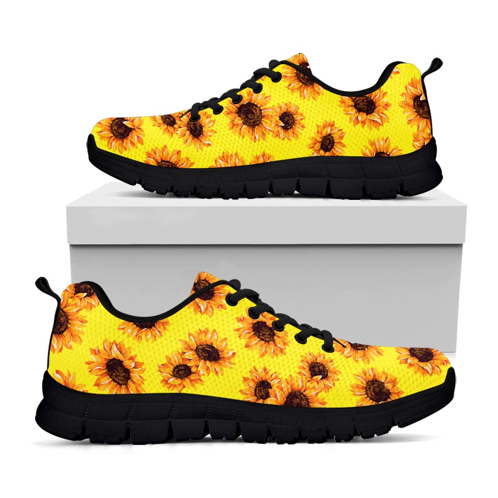 Yellow Sunflower Pattern Print Black Running Shoes