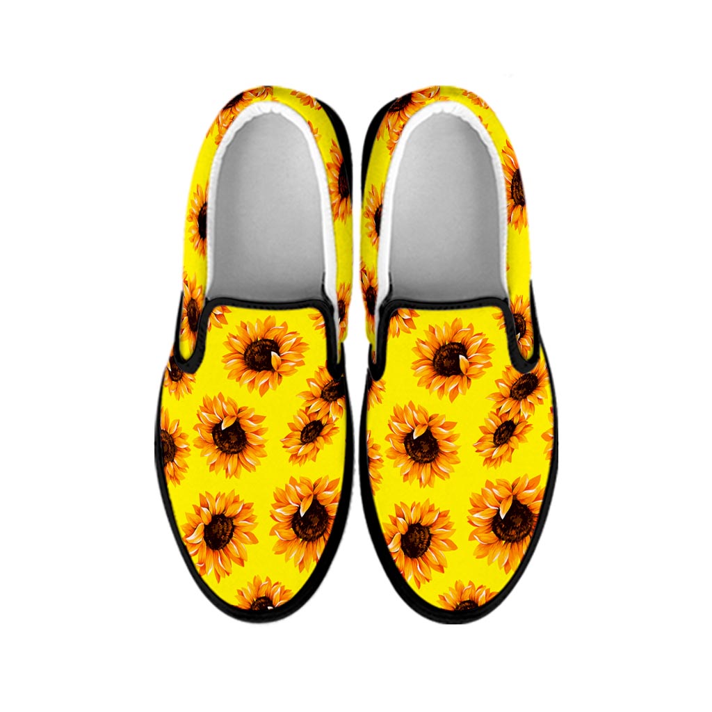 Yellow Sunflower Pattern Print Black Slip On Sneakers