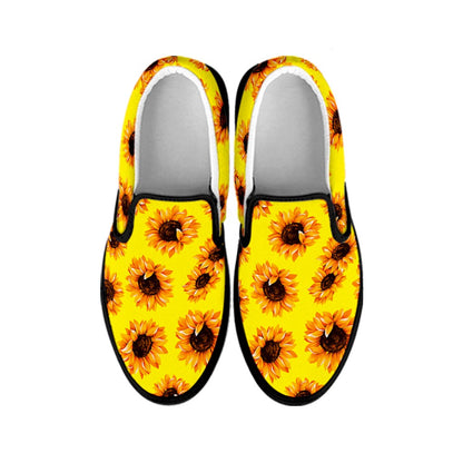 Yellow Sunflower Pattern Print Black Slip On Sneakers