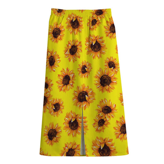 Yellow Sunflower Pattern Print Cotton Front Slit Maxi Skirt