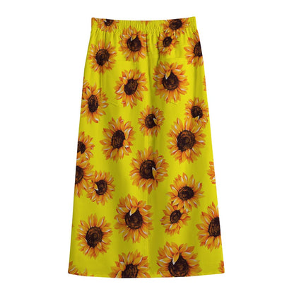 Yellow Sunflower Pattern Print Cotton Front Slit Maxi Skirt