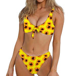 Yellow Sunflower Pattern Print Front Bow Tie Bikini