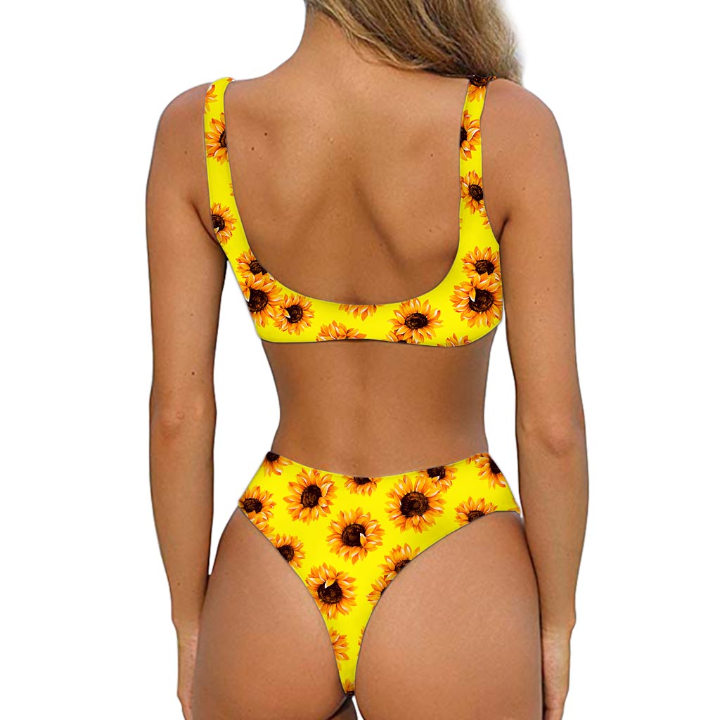 Yellow Sunflower Pattern Print Front Bow Tie Bikini