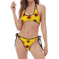 Yellow Sunflower Pattern Print Halter Scoop Tie Side Bikini