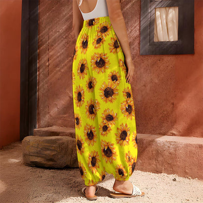 Yellow Sunflower Pattern Print Harem Pants