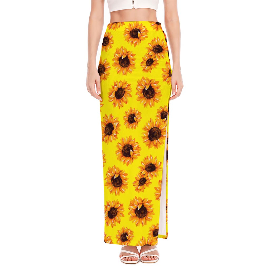 Yellow Sunflower Pattern Print High Slit Maxi Skirt