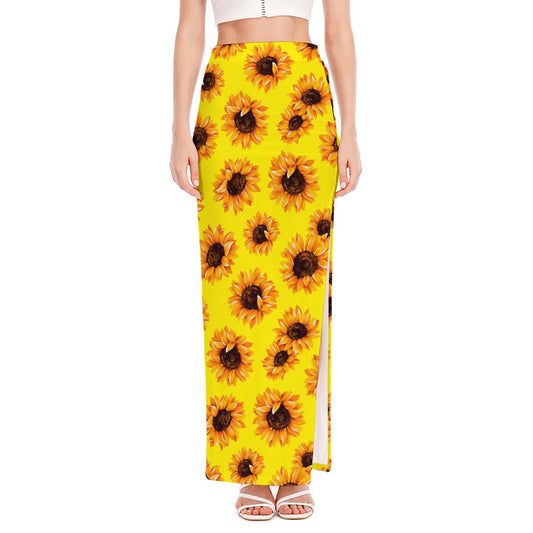 Yellow Sunflower Pattern Print High Slit Maxi Skirt