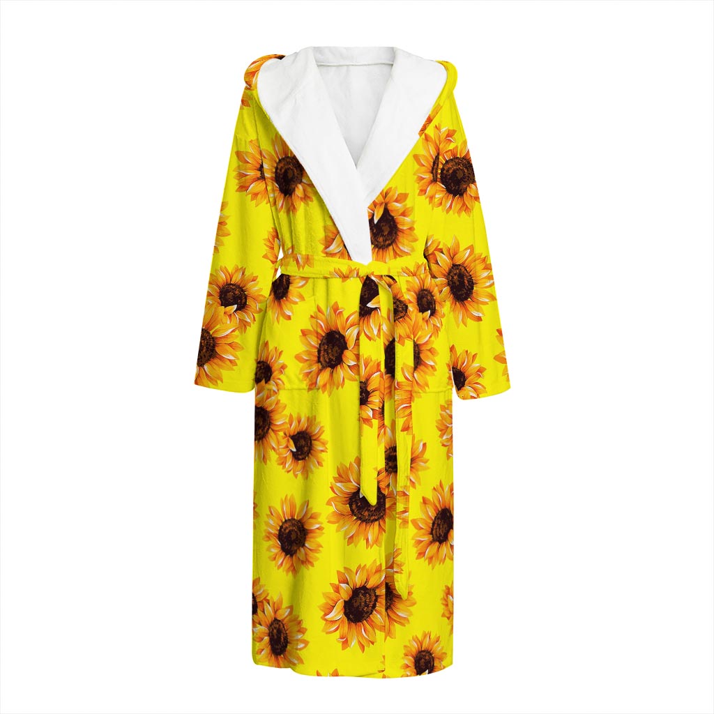 Yellow Sunflower Pattern Print Hooded Bathrobe
