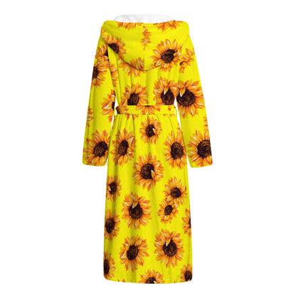 Yellow Sunflower Pattern Print Hooded Bathrobe