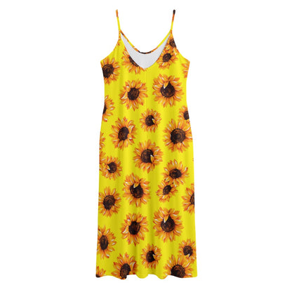 Yellow Sunflower Pattern Print Jersey Midi Cami Dress