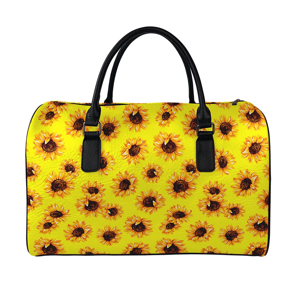 Yellow Sunflower Pattern Print Leather Duffle Bag