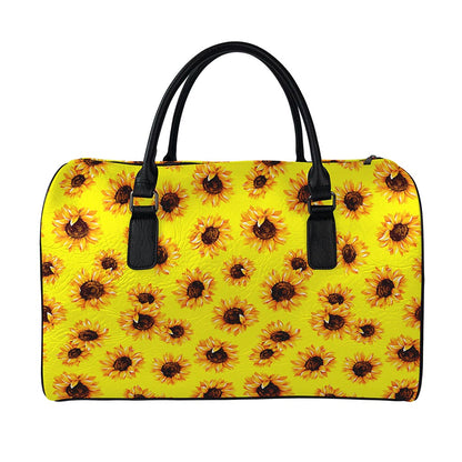 Yellow Sunflower Pattern Print Leather Duffle Bag