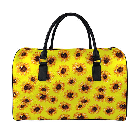 Yellow Sunflower Pattern Print Leather Duffle Bag
