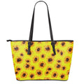 Yellow Sunflower Pattern Print Leather Tote Bag With Zipper