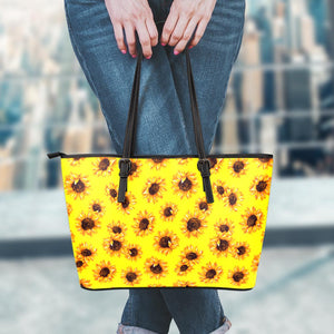 Yellow Sunflower Pattern Print Leather Tote Bag