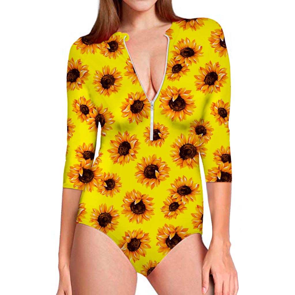 Yellow Sunflower Pattern Print Long Sleeve Swimsuit