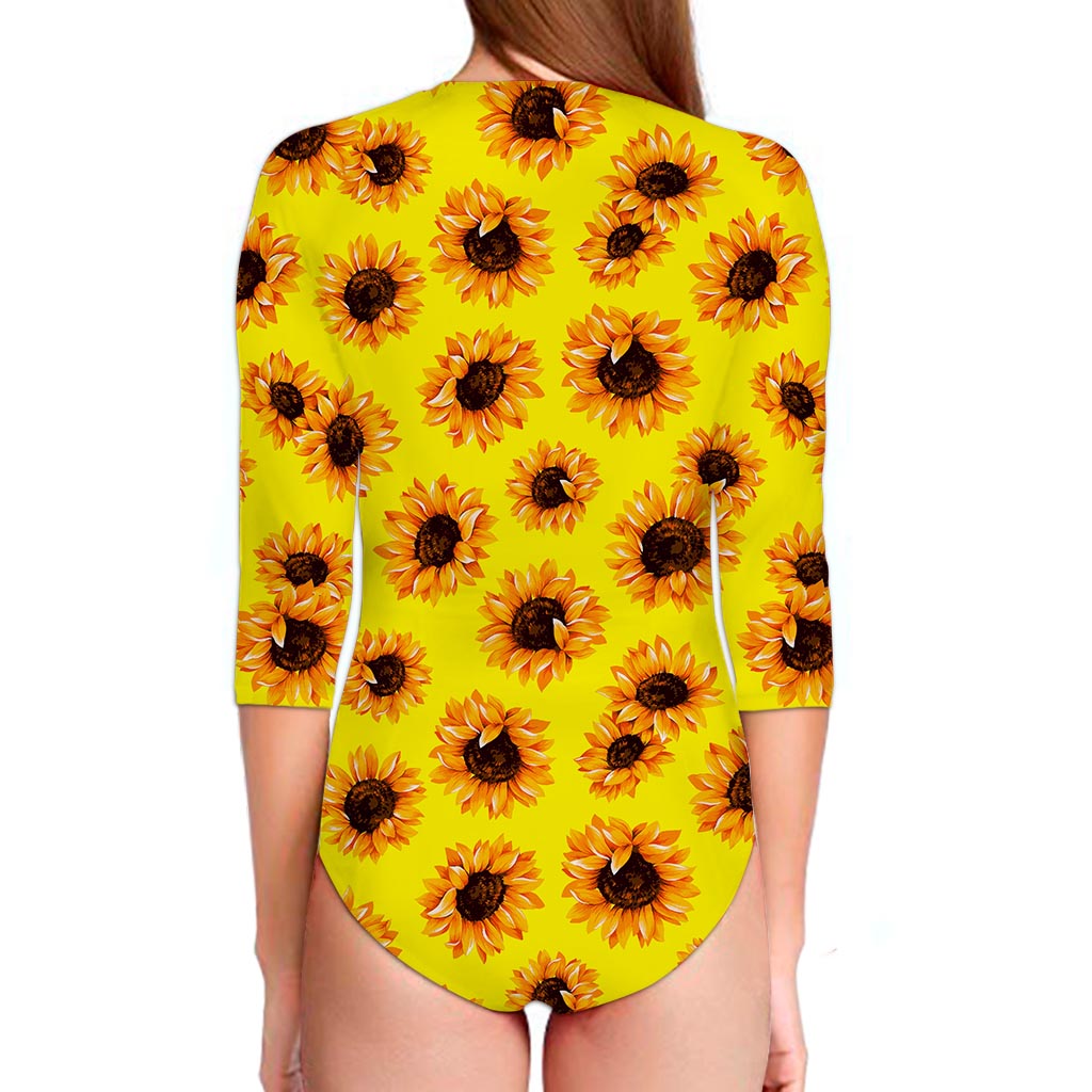 Yellow Sunflower Pattern Print Long Sleeve Swimsuit