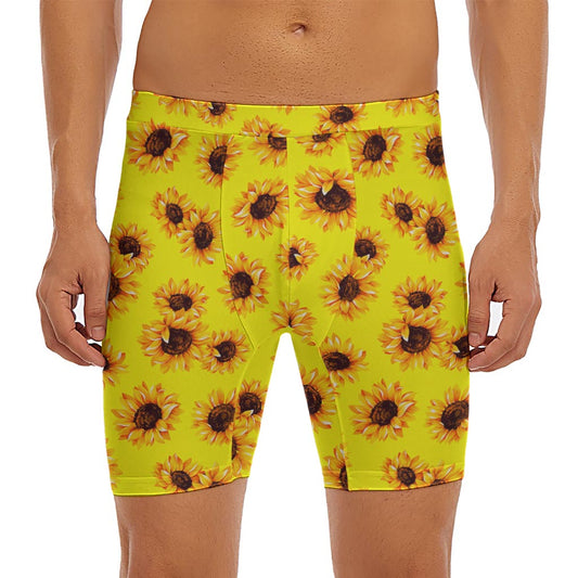 Yellow Sunflower Pattern Print Men's Long Boxer Briefs