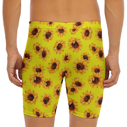 Yellow Sunflower Pattern Print Men's Long Boxer Briefs