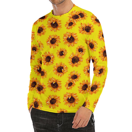 Yellow Sunflower Pattern Print Men's Long Sleeve Rash Guard