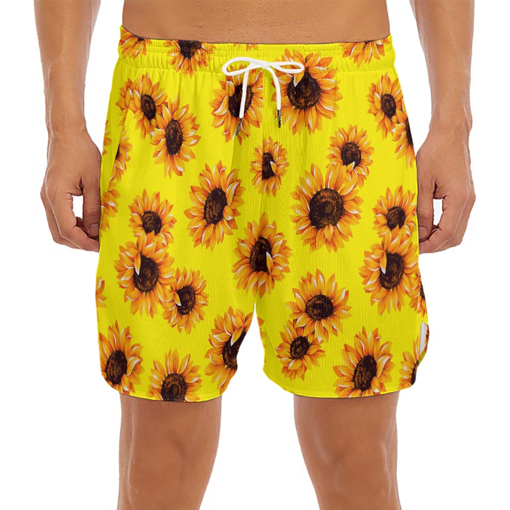 Yellow Sunflower Pattern Print Men's Split Running Shorts