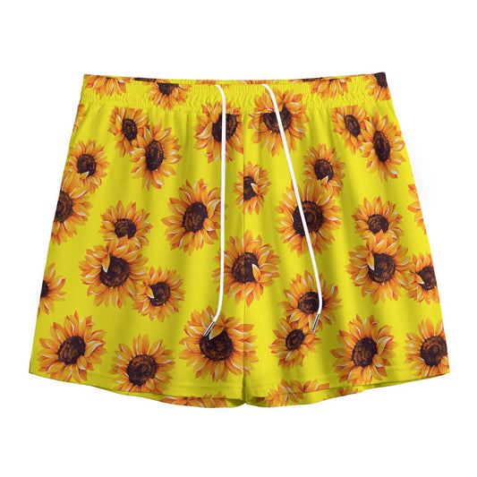 Yellow Sunflower Pattern Print Mesh Shorts