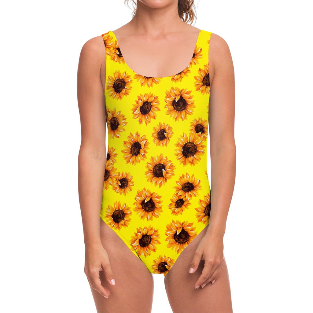 Yellow Sunflower Pattern Print One Piece Swimsuit