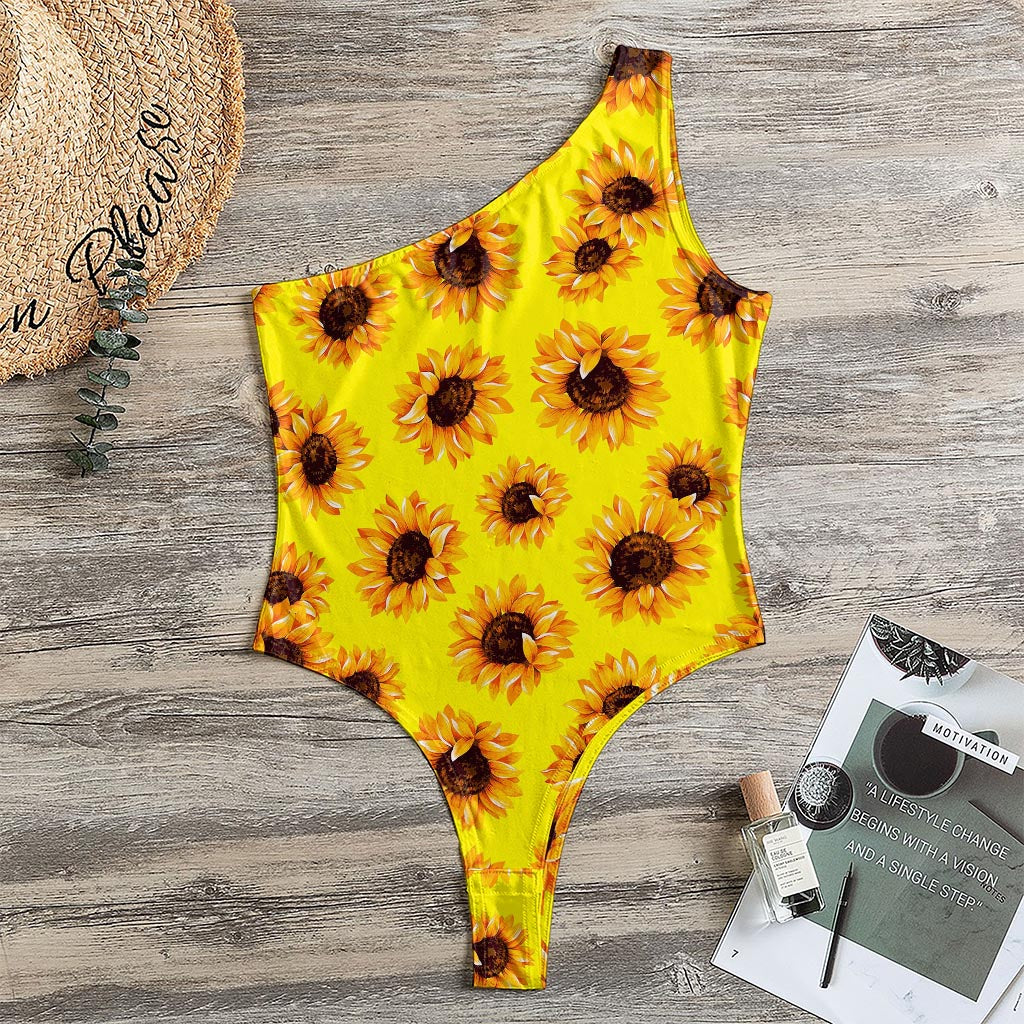 Yellow Sunflower Pattern Print One Shoulder Bodysuit