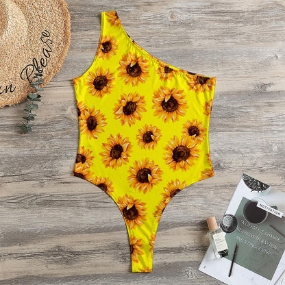 Yellow Sunflower Pattern Print One Shoulder Bodysuit