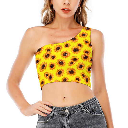 Yellow Sunflower Pattern Print One Shoulder Crop Top