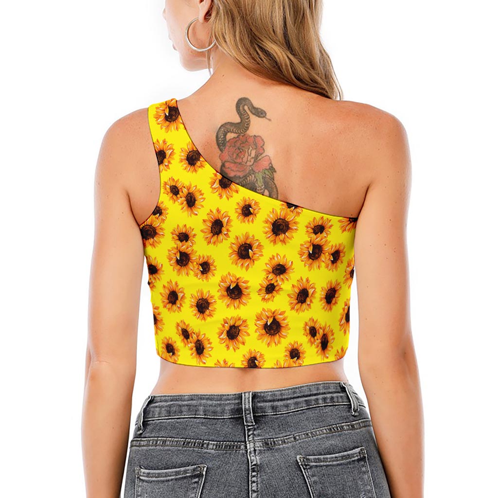Yellow Sunflower Pattern Print One Shoulder Crop Top