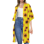 Yellow Sunflower Pattern Print Open Front Beach Cover Up