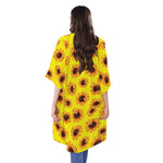 Yellow Sunflower Pattern Print Open Front Beach Cover Up