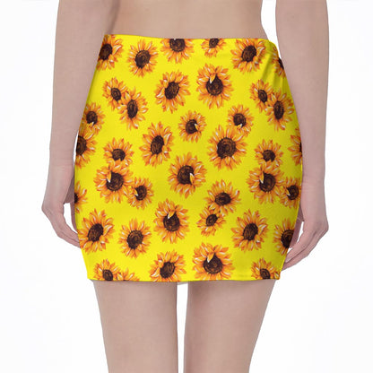 Yellow Sunflower Pattern Print Pencil Mini Skirt