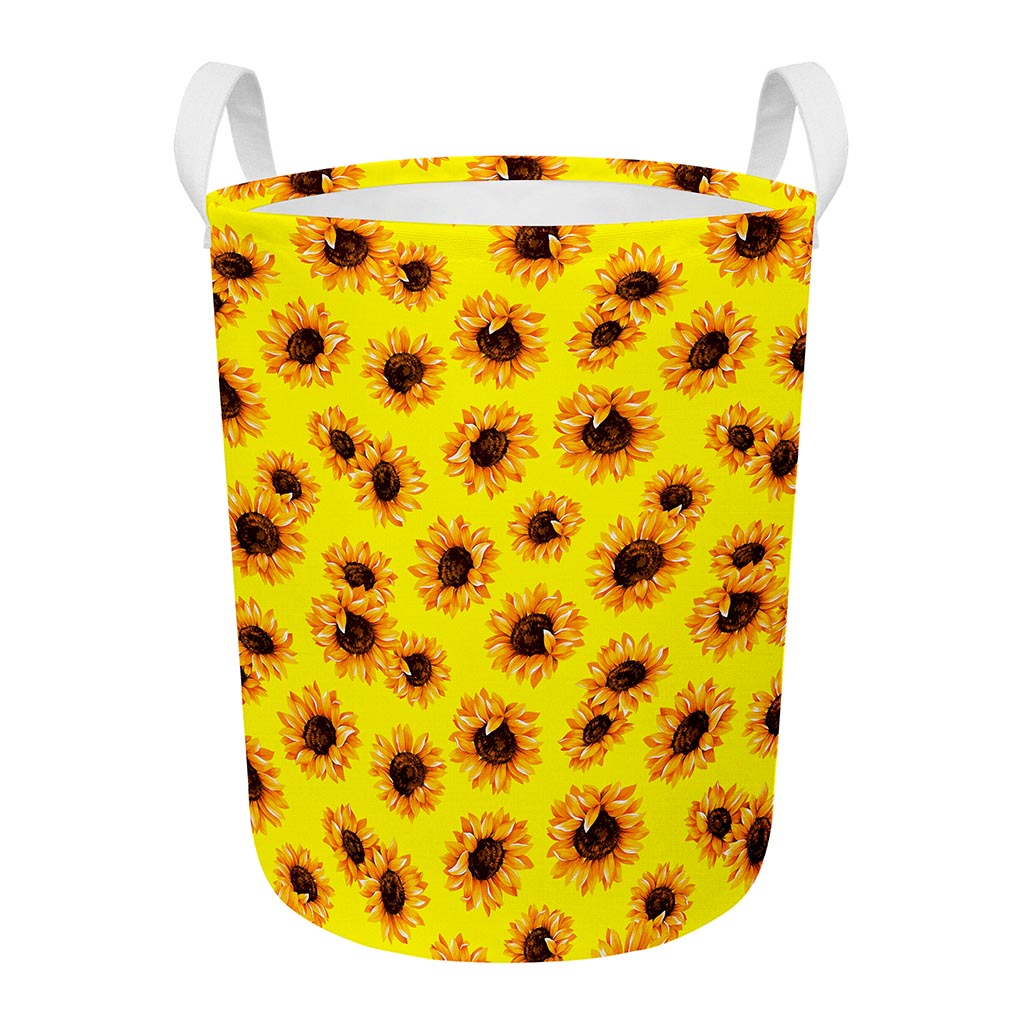 Yellow Sunflower Pattern Print Round Laundry Basket