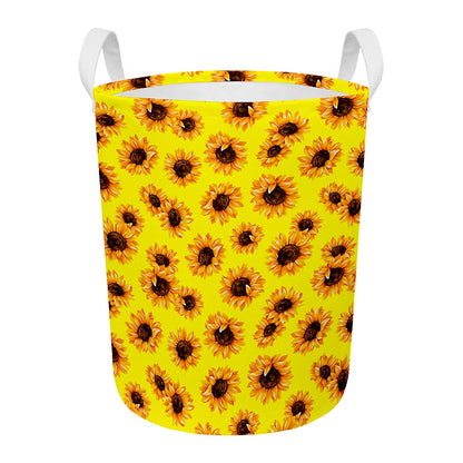 Yellow Sunflower Pattern Print Round Laundry Basket