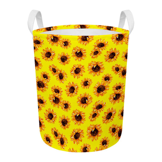 Yellow Sunflower Pattern Print Round Laundry Basket
