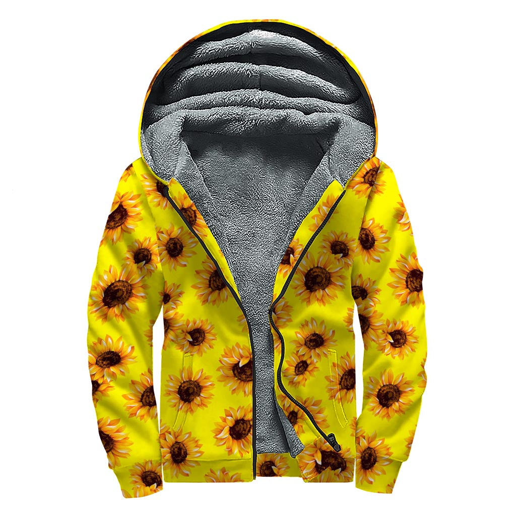 Yellow Sunflower Pattern Print Sherpa Lined Zip Up Hoodie